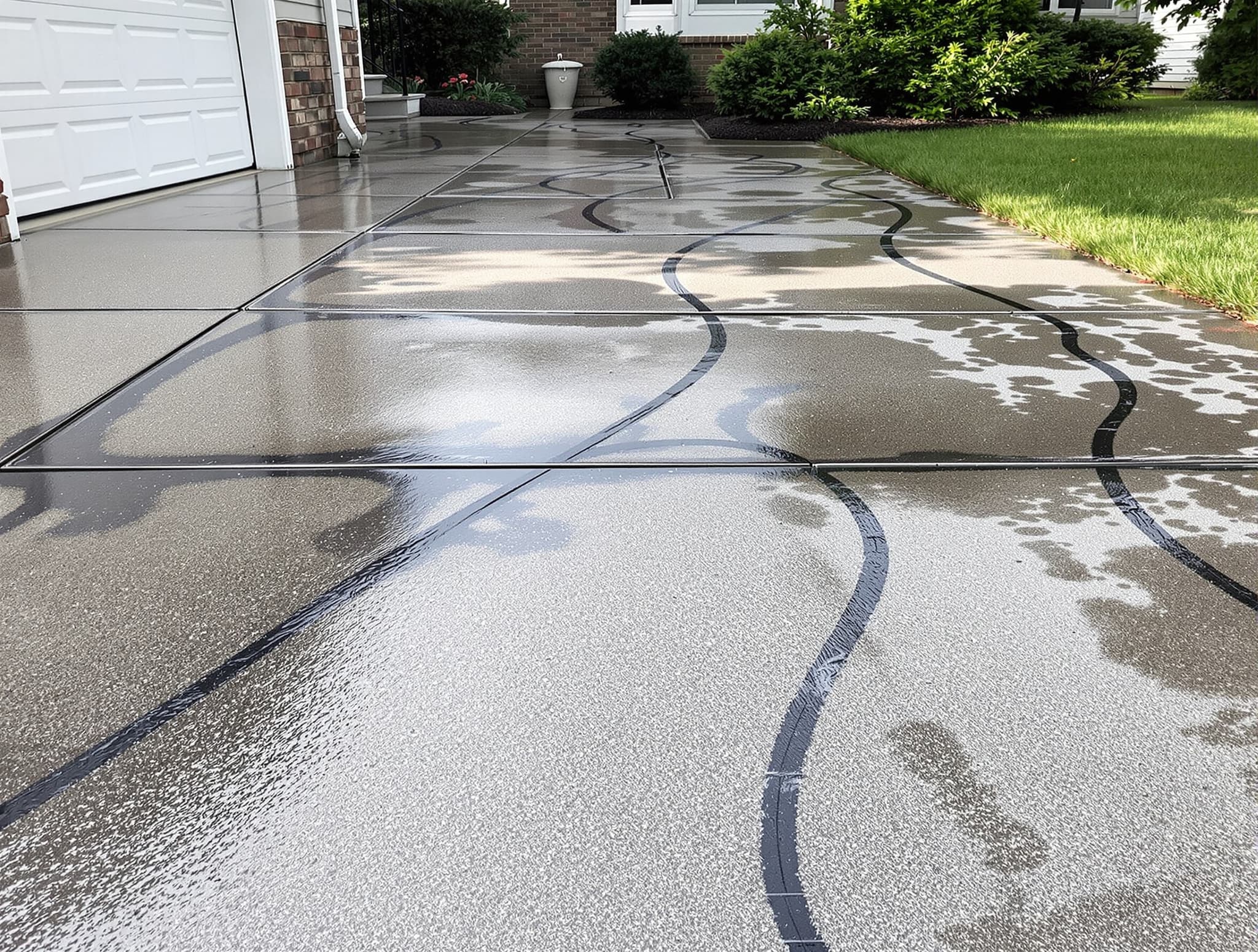 Before pressure washing — Driveway + walkway — Levittown, 22 years of tire marks lifted