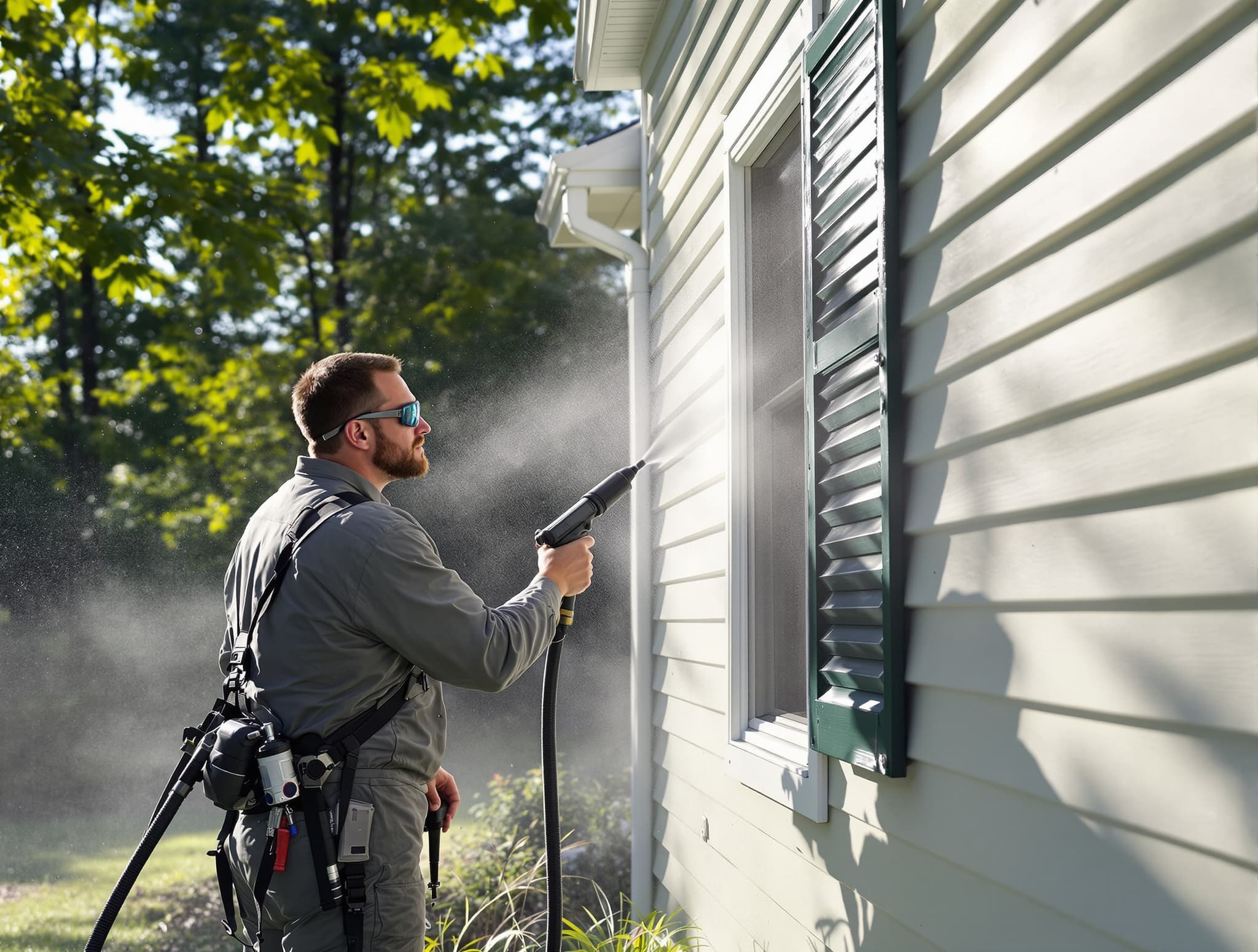 A technician misting a low-pressure cleaning solution onto vinyl siding beside a window